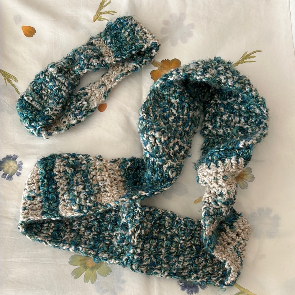 Handmade Knitted Scarf and Headband Set - Blue and Cream